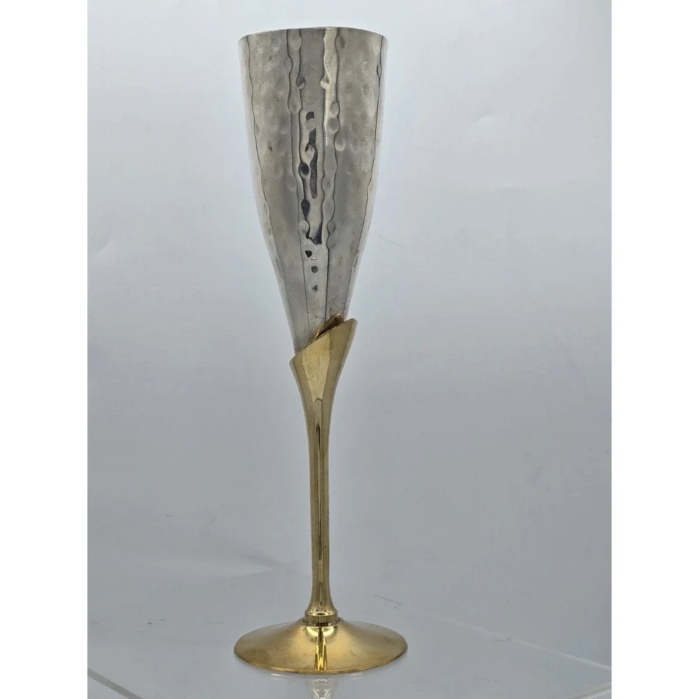 Engraved Brass Goblet Champagne Glass Flute - Silver And Gold Tone